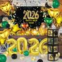 2026 Novel Happy New Year Eve Party Decorations Set with Happy New Year Backdrop, Black and Gold Confetti Balloons, Clear Balloon Box, Gold Party Confetti Pack & Heart Star 2026 Number Foil Balloons