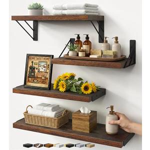 BAYKA Wall Shelves for Bedroom Decor, Floating Shelves for Wall Living Room Kitchen Storage, Mounted Rustic Wood Floating Shelves for Kids Books, Corner Shelf for Bathroom (Rustic Brown, Set of 4)