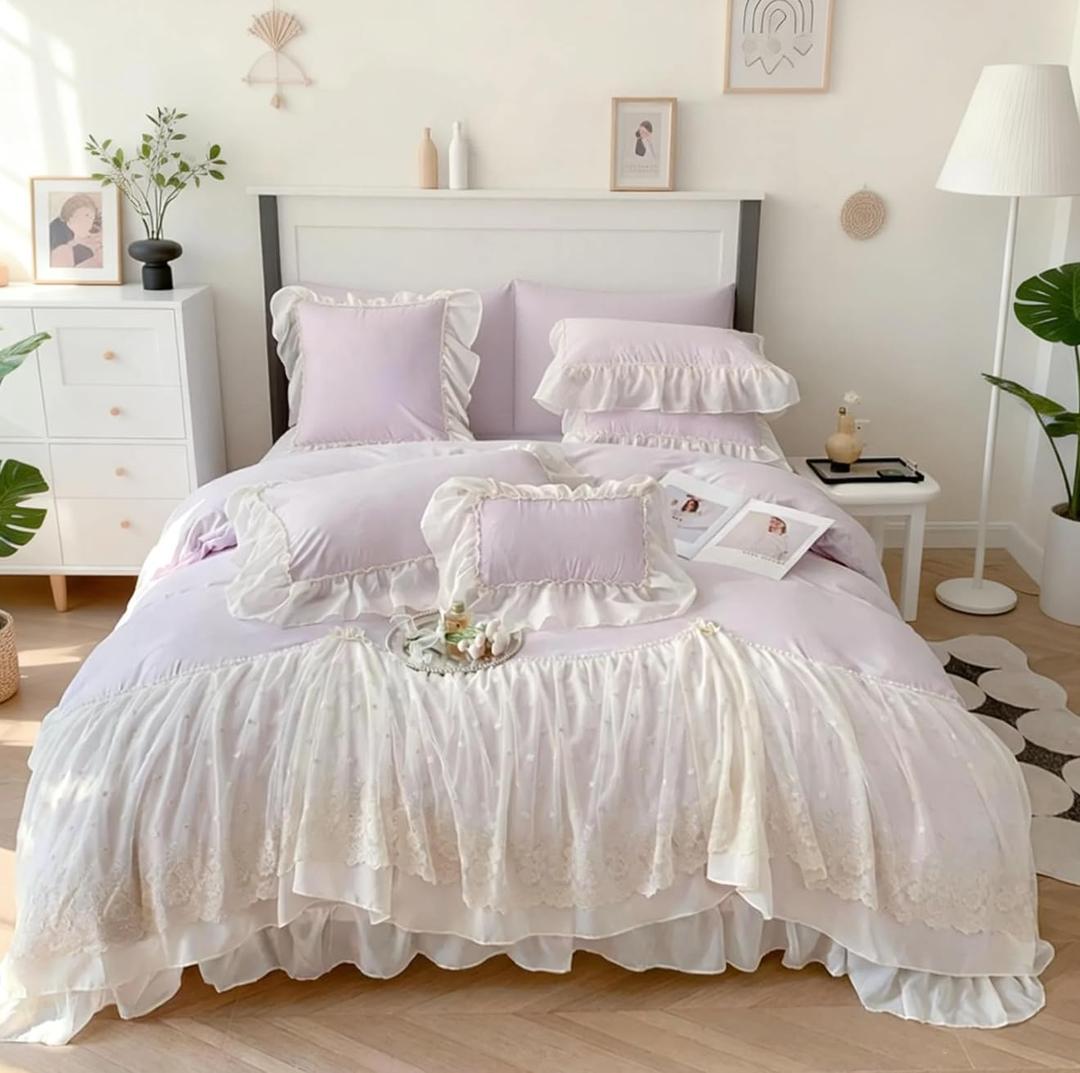 IHOUSTRIY Lace Duvet Cover Full Size, Chiffon Ruffled Beddding Set with Flower, 3 Pieces Comforter Cover Set with Zipper Closure, Girl Princess Bedding with Pillowcase - Purple, Full