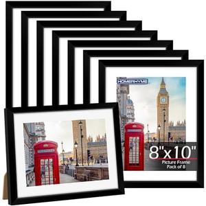 HOMERHYME 8x10 Picture Frame, 8 Pack Black Photo Frames for Tabletop or Wall Display, Fits Pictures 5x7 with Mat or 8x10 Without Mat, Poster Frame Collage with HD Plexiglass for Gallery Home Wall Decor