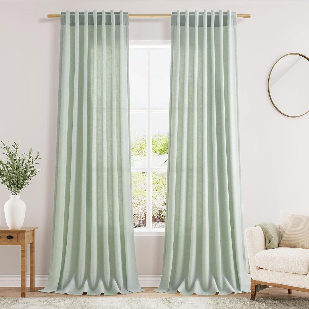 Aqua Green Linen Curtains 90 Inch Long 2 Panels Set for Bedroom Living Room Linen Textured Window Drapes Semi Sheer Light Filtering Rod Pocket Back Tab Cotton Textured Farmhouse Curtain 52x90