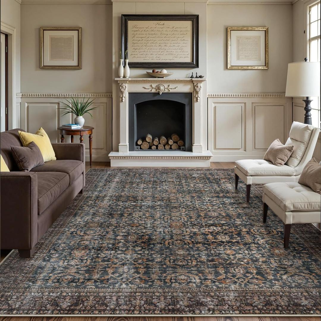 Collive Large Area Rug for Living Room 10x14, Machine Washable Antique Distressed Rugs for Bedroom, Soft Non-Slip Low Pile Indoor Floor Accent Carpet for Office Dining Room - Brick