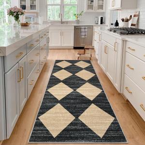 GarveeHome Kitchen Runner Rug Black Washable Rug for Front Door Entryway Hallway Distressed Checkered Mat Low Pile Neutral Area Rugs Non Slip Farmhouse Rugs 2x6 Black and Brown