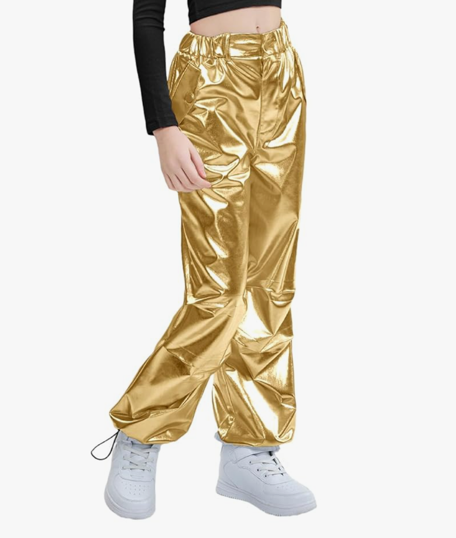 LOLANTA Girls Metallic Jogger Pants, Shiny Jazz Street Hip Hop Dance Pants 7-16, Convertible Leg Opening