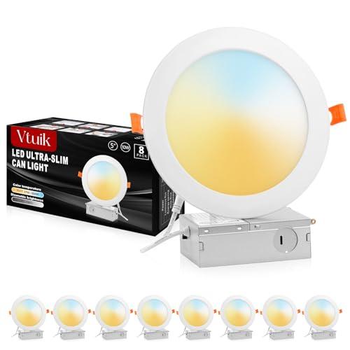 Vtuik 5 Inch LED Recessed Ceiling Light, Dimmable Canless Wafer Downlight, 7CCT 2700K-6500K for Kitchen Living Room Basement Bathroom, Ultra Thin with Junction Box, Damp-Rated 8 Pack