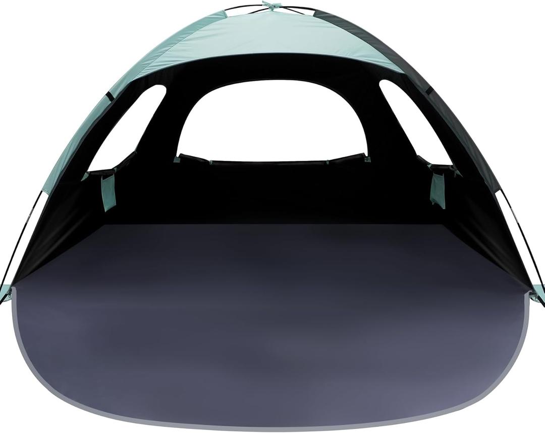 WhiteFang Beach Tent Anti-UV Portable Sun Shade Shelter for 3/4/6/8 Person, Extendable Floor with 3 Ventilating Mesh Windows Plus Carrying Bag, Stakes and Guy Lines (Blackout Shelter-Mint Green)