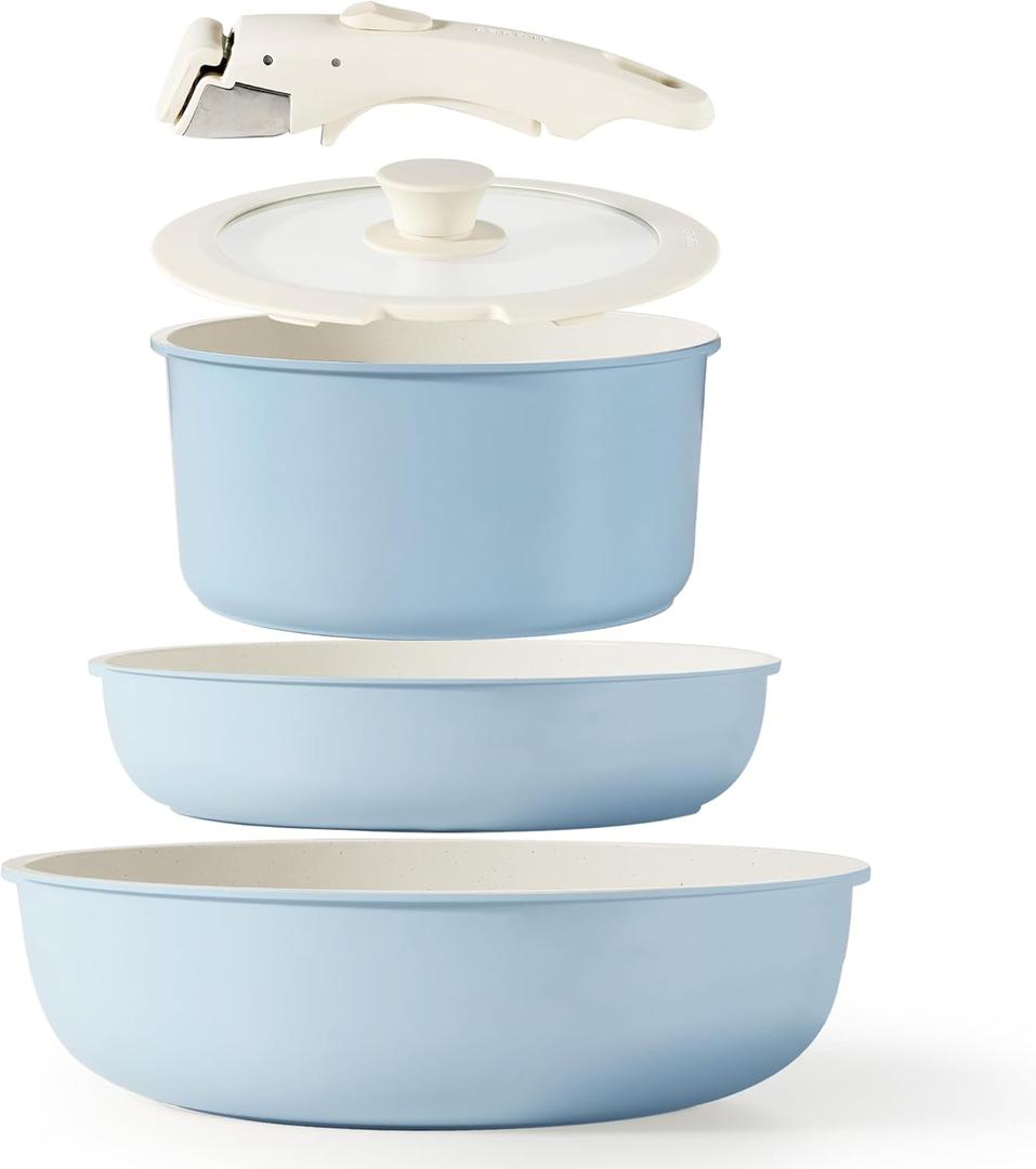 CAROTE Pots and Pans Set, Nonstick Cookware Set Detachable Handle, 15pcs Induction Kitchen Cookware Sets Non Stick with Removable Handle, RV Cookware Set, Oven Safe, Sky Blue