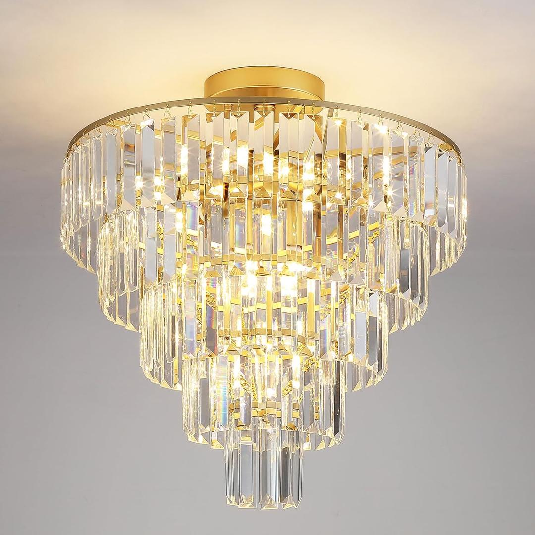 20" Crystal Chandelier, 10-Light Modern Gold Flush Mount Chandelier, Luxury Round Crystal Semi Flush Mount Ceiling Light Fixture for Dining Room, Living Room, Hallway, E12 Sockets
