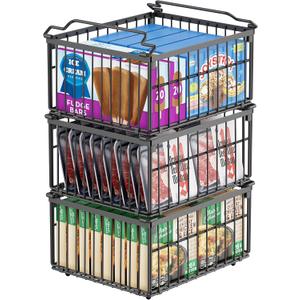 Freezer Organizer Bins, 3 Pack Big Stackable Deep Chest Freezer Organizer Bins, Foldable Baskets with Handles, Black Storage Container Baskets for 5 to 9 Cu.FT Deep Freezer Sort Frozen Meats (Large)
