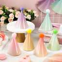 24Pcs Pastel Birthday Party Hats with Pompom Elastic Cord Rainbow Paper Cone Hat Colorful Photo Prop for Kids and Adults Birthday, Baby Shower, Bridal Shower Party Decorations