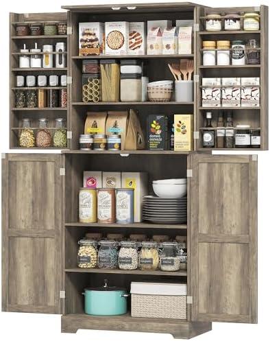 HOMCOM 72" Farmhouse Kitchen Pantry Cabinet, Tall, 4 Barn Doors, Gray Wash | Freestanding Storage Cabinet, 4 Adjustable Shelves, 8 Door Shelves
