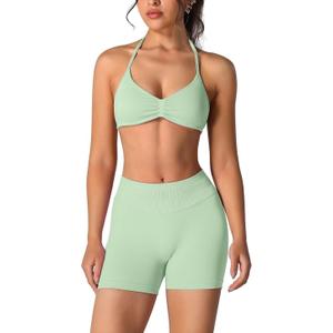 ABOCIW Womens Seamless Workout Sets 2 Piece Strappy Halter Sports Bra Scrunch Butt Shorts Gym Yoga Outfits Size S