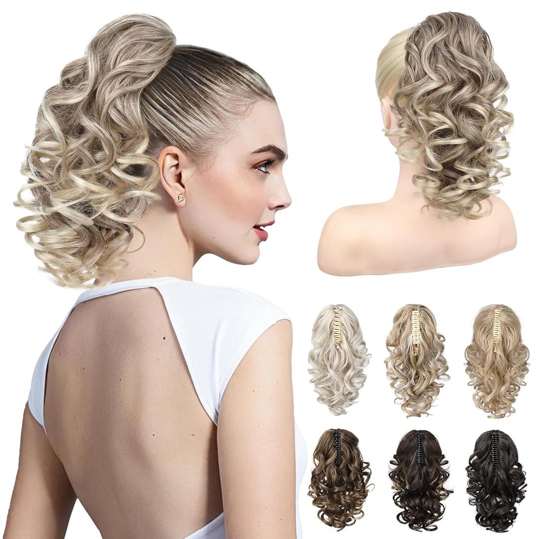 REECHO 12" Ponytail Extension, Classic Loose Curly Wavy Claw Clip Pony tails Hair Extensions Hairpieces for Women (Glazed Mocha to Blonde)