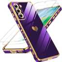 LeYi for Samsung Galaxy S21 FE Case: with Tempered Glass Screen Protector [2 Pcs]+ Full Camera Lens Protection,Love Heart Plating Luxury Soft TPU Shockproof Case for Samsung Galaxy S21 FE,Brown