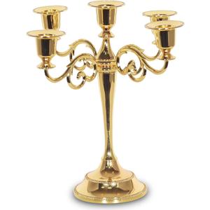5-Candle Metal Candelabra Candle Holder 10.6 inch Tall Candlestick Holders for Valentine Christmas Home Party Dinning Candle Stand Gold (Gold2)