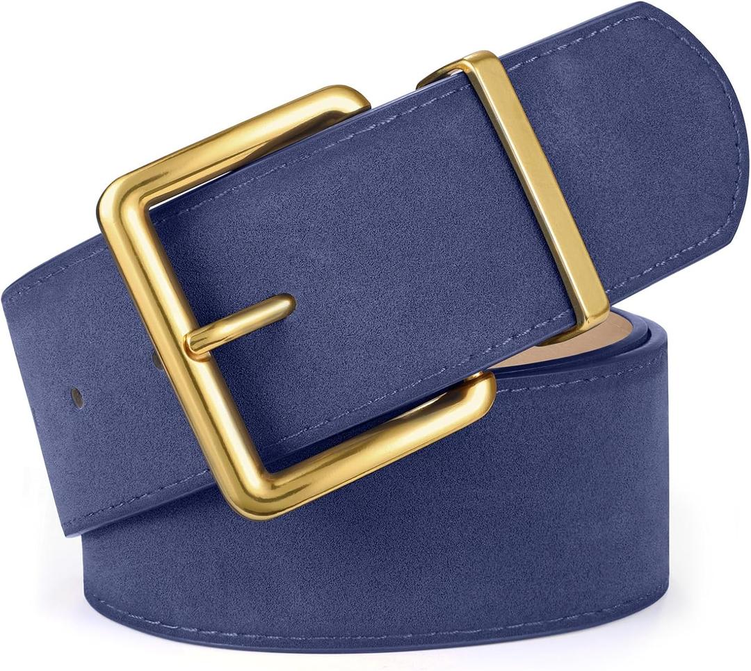 XZQTIVE Women Wide Chunky Belt for Dresses Fashion Thick Suede Belt with Gold Buckle (Fit Waist Size 33"-39", Navy Blue)