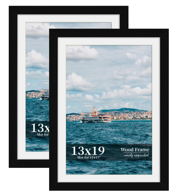 13x19 Picture Frame Set of 2, Wood Frame with Real Glass, Wide Border
Displays 11x17 with Mat or 13x19 without Mat, Horizontal or Vertical Wall Mount, Matte Black for Gallery Walls