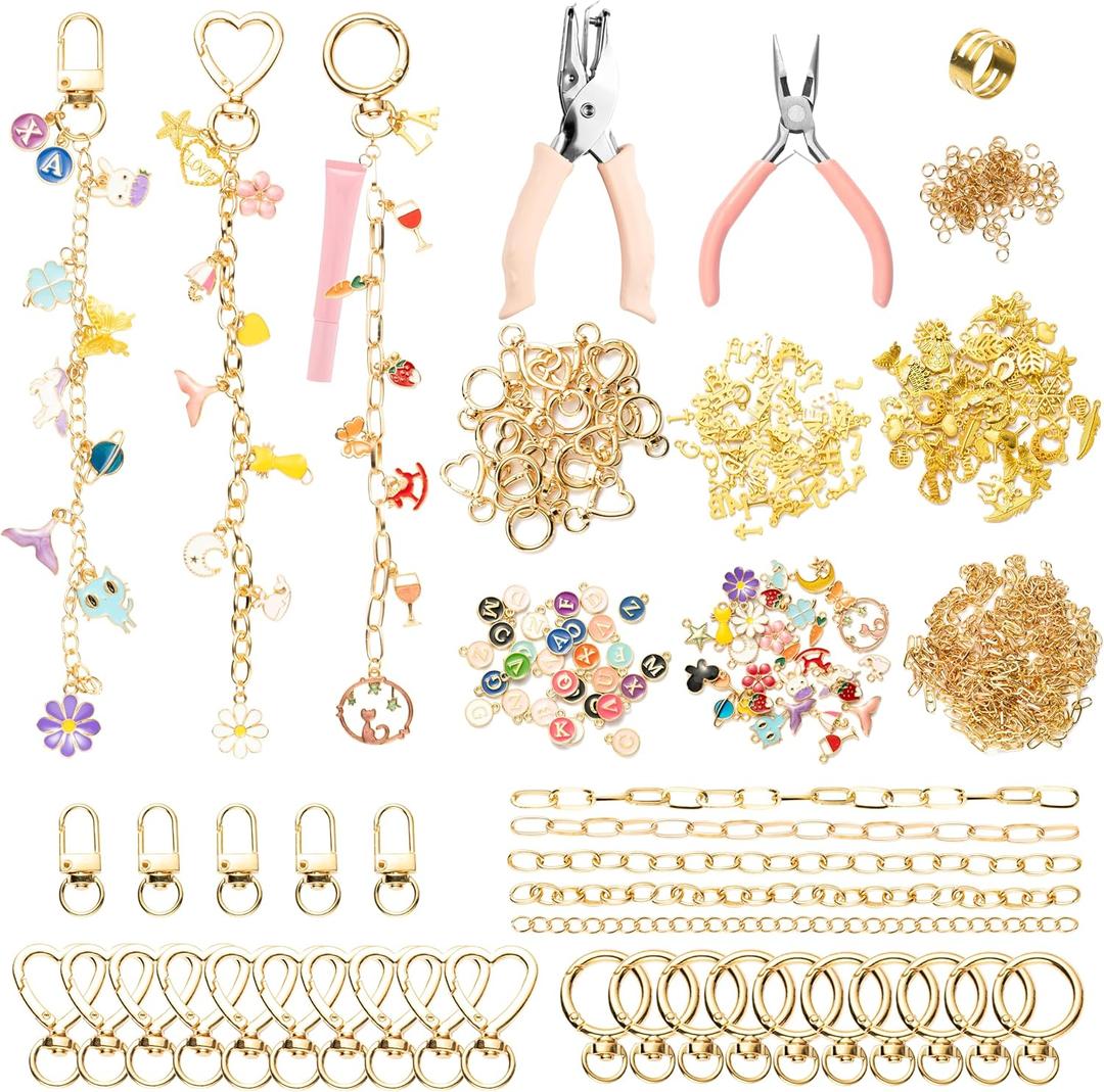WATINC DIY Keychain Making Kit with Tools - Jewelry Making with Charms, Alphabet Beads, Key Rings, Clips, Punch & Pliers to Make Bag Charms, Friendship Bracelets, Jewelry Gifts for Teens(348pcs), Small