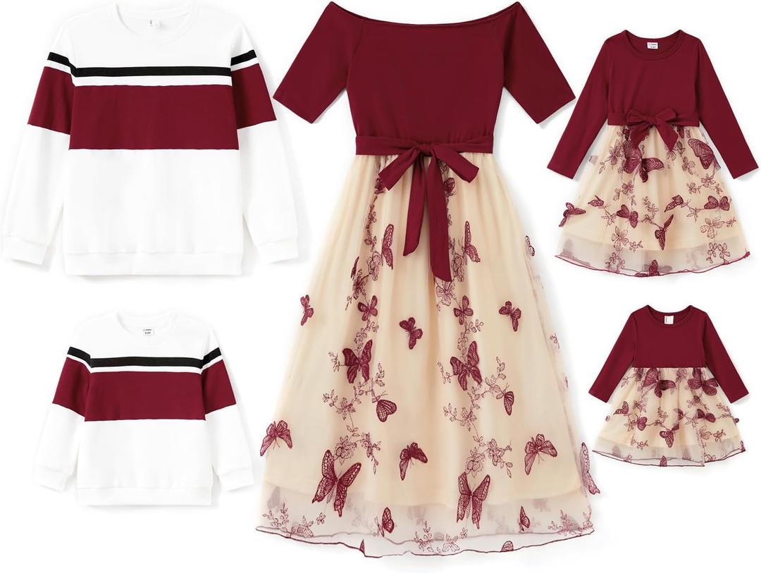 PATPAT Family Matching Outfits Dresses and Sweatshirt Fall Winter Off Shoulder Dresses and Long Sleeve Sweatshirt (L)