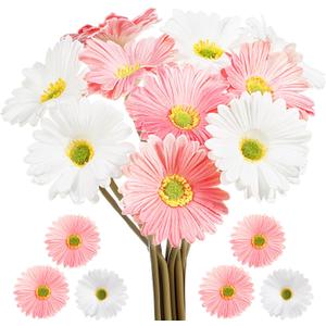Hoteam 10 Pcs Artificial Gerbera Daisy Flowers PU Fake Daisy Decorations Pink White Real Touch Bouquet with Stems Table Centerpieces Home Decor for Wedding Bridal Birthday Baby Shower Party Supplies