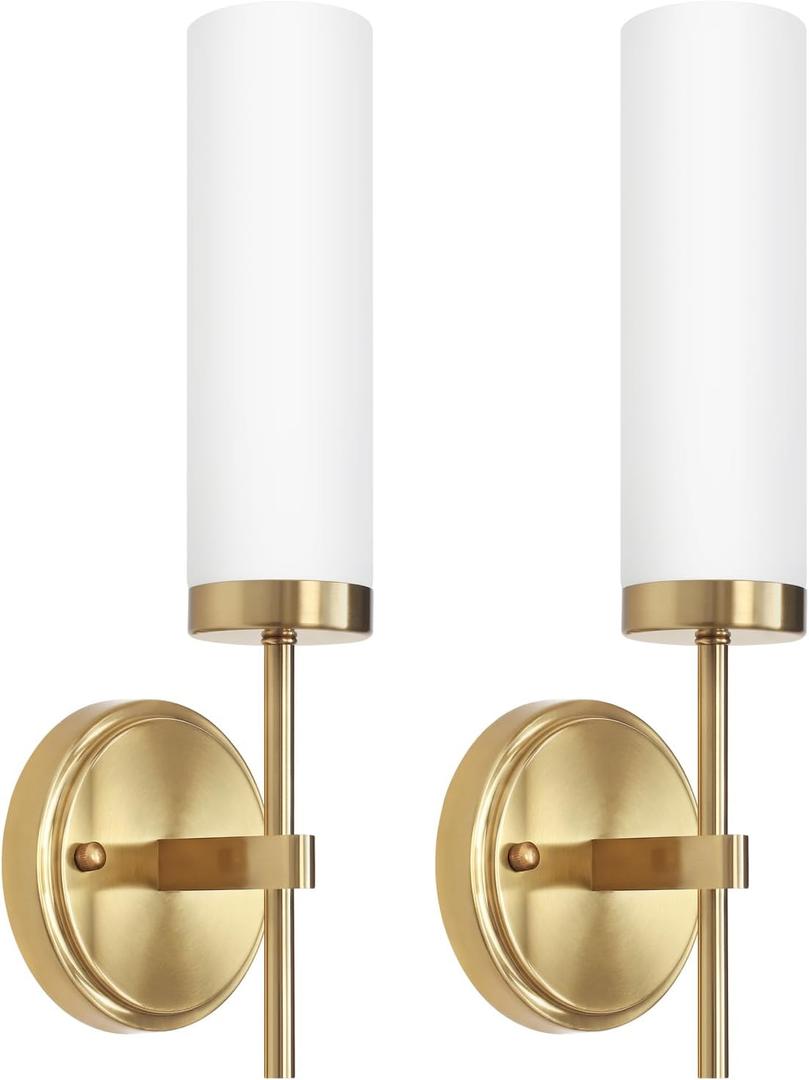 Gold Wall Sconces, Modern Bathroom Vanity Light Fixtures, Sconces Wall Decor Set of 2, Wall Lamps with Frosted Glass, Indoor Wall Lights for Bedroom Living Room Hallway Gold & Milk Glass