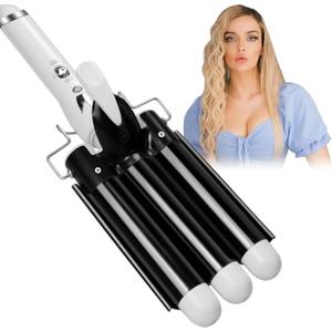 Three Barrel Curling Hair Crimper: Aleath Dual Voltage Crimper Hair Tool - 1 inch 3 Barrels Curler Iron Wand (Dark Black)