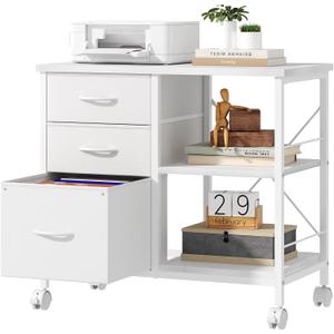 OLIXIS Mobile File Cabinet with 3 Drawers, Rolling Under Desk Storage | Fits Letter & A4 Hanging File Folders, Printer Stand with Shelves, Lockable Wheels Office Cabinet for Home Office, White