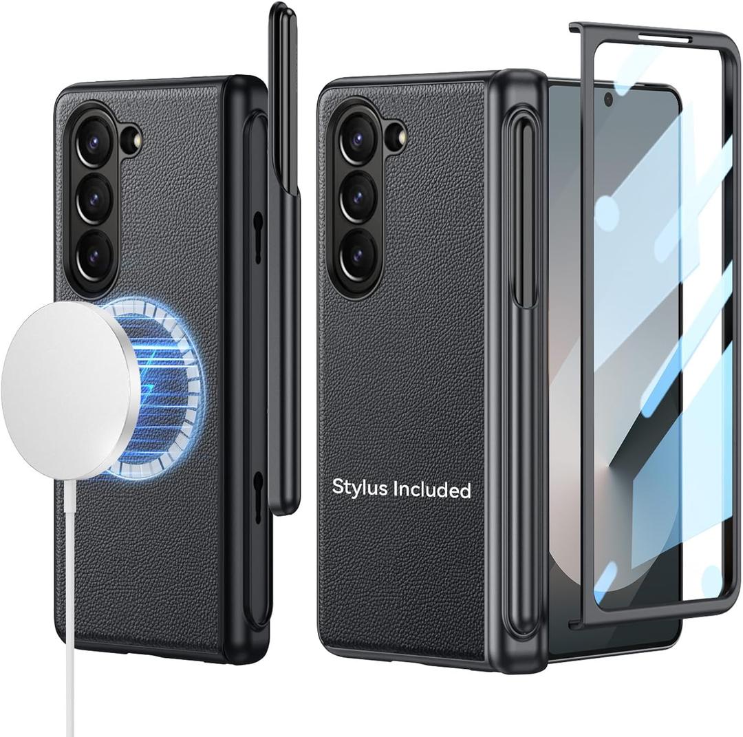 for Samsung Galaxy Z-Fold-6 Case: Support All Magsafe Accessories | Fold 6 New Slim S Pen (2024) Holder & Generic Stylus | Hinge Protection, Leather Back, Screen Protector - Black