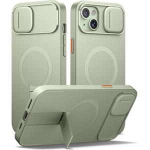 SURITCH for iPhone 14 Plus/15 Plus Case with Magnetic Camera Slide Cover and Adjustable Kickstand, Compatible with MagSafe, Shockproof Bumper Case Slim Protective Cover 6.7 Inch, Green
