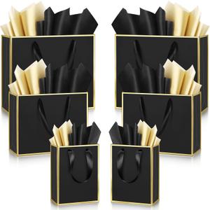 Yeaqee 12 Sets Metallic Paper Gift Bags with Handle Tissue Paper Include 8", 10", 13" Thank You 5 Senses Gift Bags for Him Her Valentines Birthday Wedding Groomsmen Bridesmaid Favor(Black, Gold)