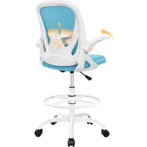Primy Drafting Chair Tall Office Chair with Flip-up Armrests Executive Ergonomic Computer Standing Desk Chair with Lumbar Support and Adjustable Footrest RingBlue, 934-Z
