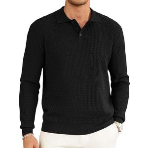 Hardaddy Men's Knit Polo Shirts Long Sleeve Button Up Pullover Sweater Textured Casual Collared Tops (3X-Large, Black)