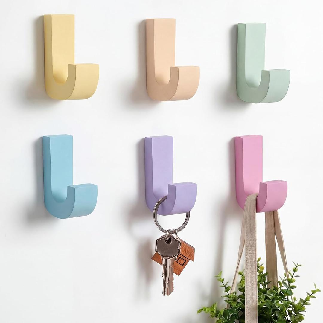 AceOrbit 6 Pack Pastel Wood Wall Hooks Heavy Duty Adhesive Decorative Hooks Colorful Wall Mounted Hangers for Hanging Coats Backpacks Clothes Home Classroom Bedroom Nursery