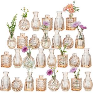 Hewory Small Glass Vases for Flowers: Set of 28 Mini Bud Vases for Tables Centerpieces - Vintage Flower Vase for Wedding Party Home Decor(Champagne Rose Gold)