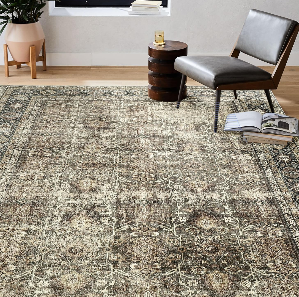 Vintage Area Rug 3x5 Brown Entryway Office Washable Carpet Non Slip Bedroom Indoor Living Room Door Mat Low Pile Traditional Distressed Retro Accent Rug for Dining Room Bathroom Kitchen