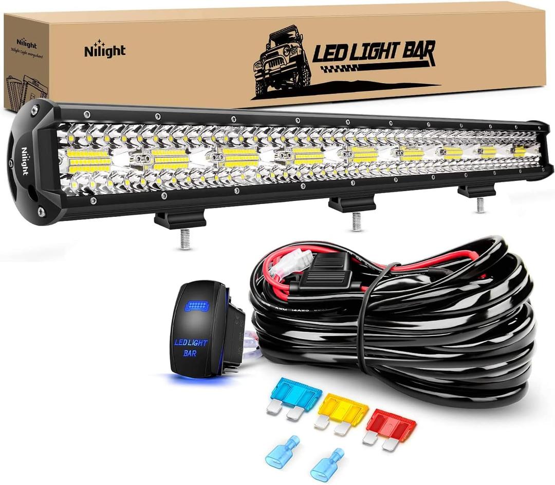 Nilight 26 Inch 540W LED Light Bar Triple Row Flood Spot Combo 50000LM Driving Boat Led Off Road Lights with 12V On/Off 5 Pin Rocker Switch 14 AWG Wiring Harness Kit