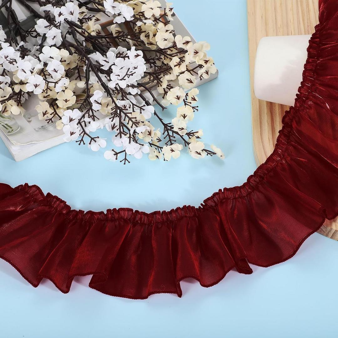 uxcell 5.5 Yards Ruffle Lace Trim Ribbon, 3" Pleated Organza Lace Edge Trim, Red, Polyester, Wedding, Formal, Classic, Ruffle Pattern