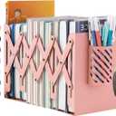 Kingsmile Book Ends, Adjustable Bookends for Shelves, Metal Bookends for Heavy Books, Book Stopper Organzier with Pen Holder for Desk, Kids Room, Office, Classroom, Library, Study Room.(Pink)