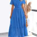 PRETTYGARDEN Womens 2026 Summer Maxi Dress Short Sleeve V Neck Hollow Out Eyelet A Line Long Flowy Beach Vacation Dresses (Blue, L)
