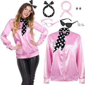 AOTHSO 1950s Pink Satin Jacket with Headband Scarves Earrings Glasses for Women 8 Pieces Halloween Adults Cosplay Costume Set, Medium