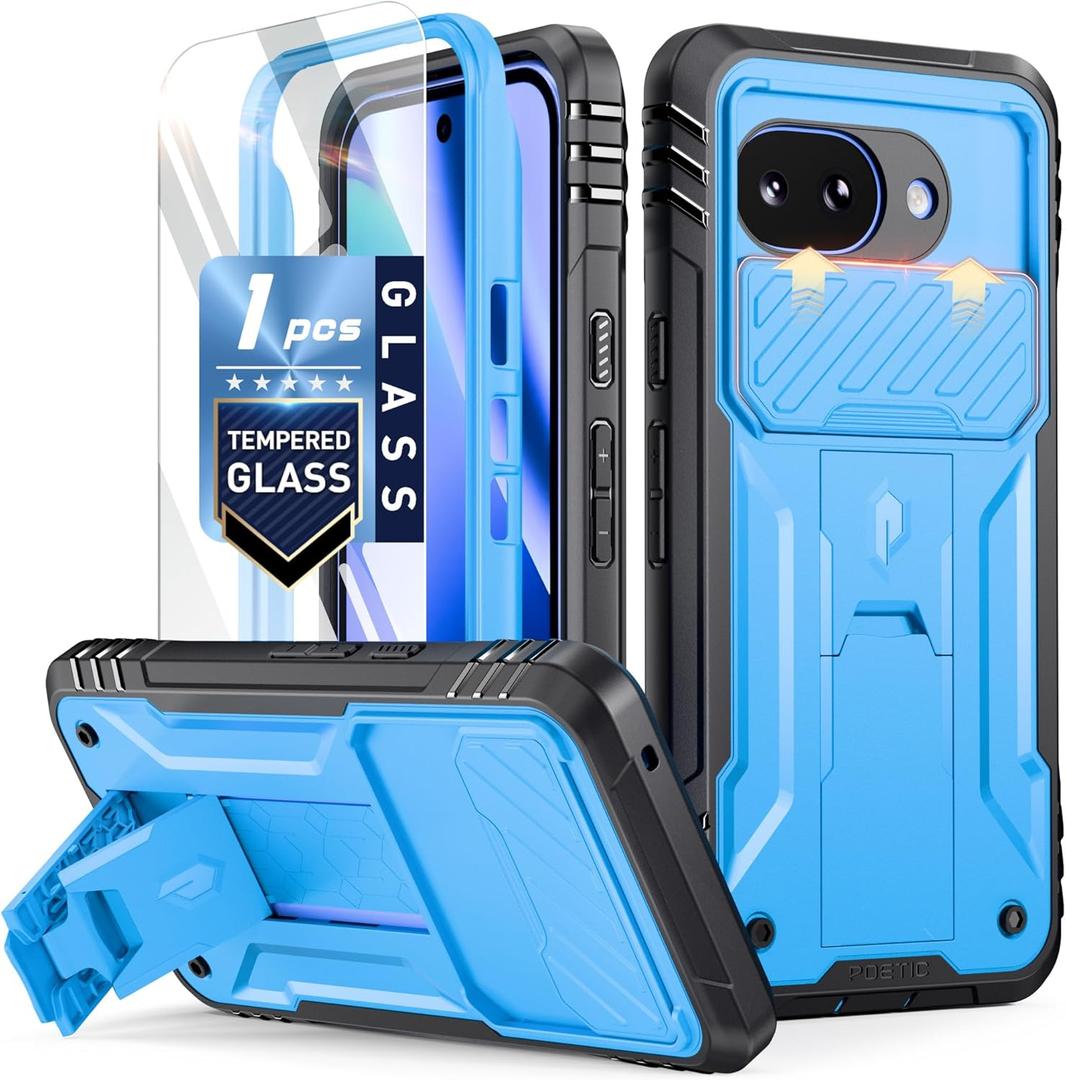 Poetic Revolution Case for Google Pixel 10A,| Slide Camera Cover | Tempered Glass Screen Protector | 20FT Mil-Grade Drop Tested |Full-Body Rugged Dual-Layer Shockproof Cover with Kickstand, Light Blue