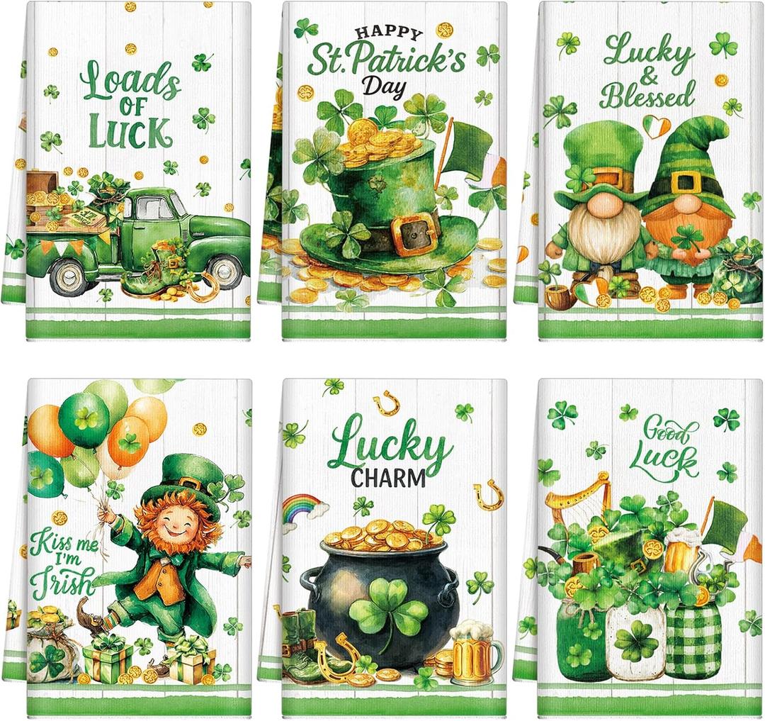 Breling Set of 6 St. Patrick's Day Kitchen Towels Shamrock Green Dish Towel Bathroom Decorative Cloths for Irish Decoration Kitchen Bathroom Home Cooking Housewarming Gifts, 14 x 21 Inch