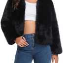HOOD CREW Womens Fashion Cropped Faux Fur Jackets Long Sleeve Fluffy Winter Coats Casual Cardigan Outerwear Short Coat (Small, Black)