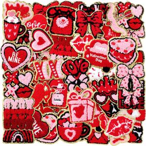 72 Pcs Valentine's Day Chenille Patches Glitter Pink Red Heart Bow Iron on Patches Galentines Appliques Sew on for Hat Backpack Clothes Shirt Jeans DIY Craft Party Favors
