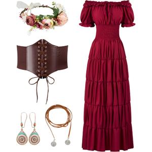 Spooktacular Creations 5Pcs Halloween Renaissance Medieval Dress Costume Women, Fairy Peasant Irish Cottagecore Dress (X-Large, Burgundy Dress With Accessories)