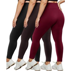 HLTPRO 3 Pack Plus Size Leggings for Women(X-Large - 4X)- High Waist Stretchy Soft Pants for Workout Running Yoga (Black/ Wine Red/ Brown)
