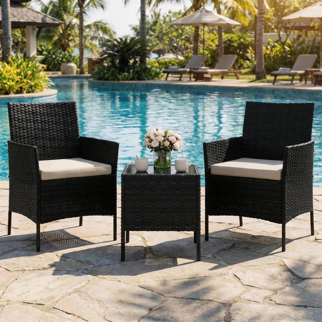 3-Piece Outdoor Furniture Set, PE Rattan Wicker Chairs with Soft Cushions & Tempered Glass Coffee Table - All-Weather Patio Set for Garden, Backyard, Porch, Poolside (Black/Beige)