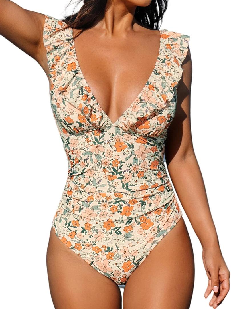 CUPSHE Women's Ruffled One Piece Swimsuit V Neck Lace Up (Medium, Orange Ditsy Print)