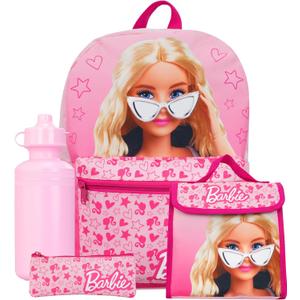 Barbie Backpack 4 Piece Set | Girls School Bag Set | Girls Backpack Lunch Bag Water Bottle and Pencil Case | One Size Pink