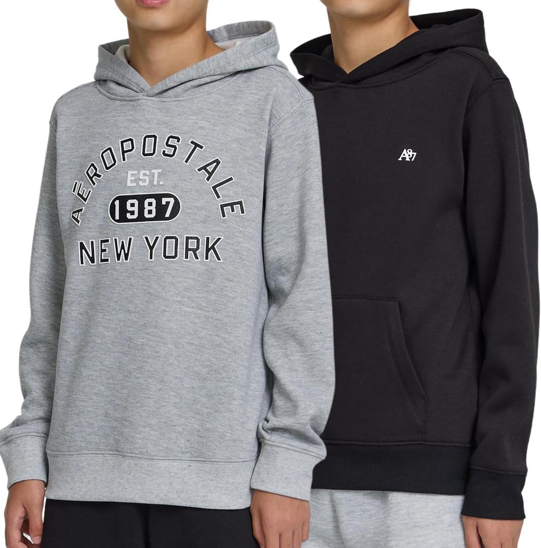 AEROPOSTALE Boys Hoodie 2 Pack Premium Comfy Fleece Hooded Pullover for Kids, Soft Boys Sweatshirts Set, Size 4-20 (Black, M)